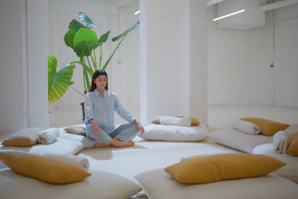 a woman resting in a a cozy room