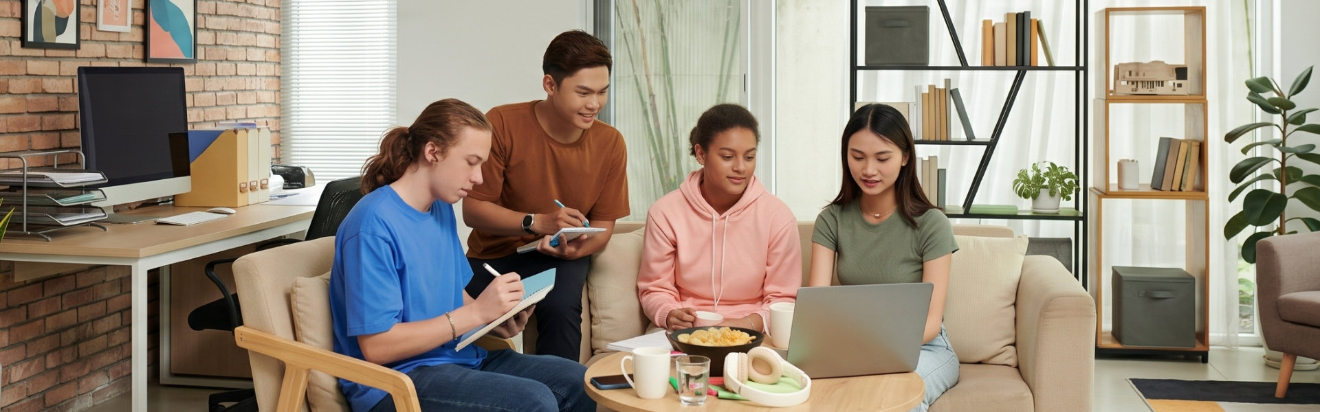 group of teens studying at home